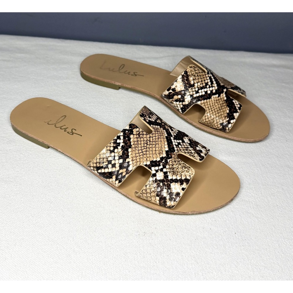 Lulus Sandals Women 6 Brown Snake Print H Strap Strappy Slide Flat Summer Casual